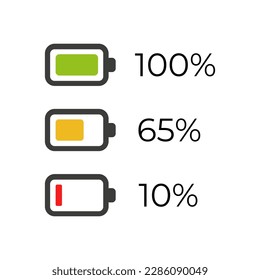 Battery charge level indicator. Fully charged, 65%, 10%. Vector illustration.