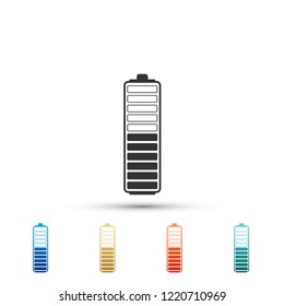 Battery charge level indicator icon isolated on white background. Battery charging - power sign. Electricity symbol - energy sign. Set elements in colored icons. Flat design. Vector Illustration