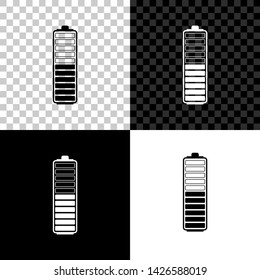 Battery charge level indicator icon isolated on black, white and transparent background. Battery charging - power sign. Electricity symbol - energy sign. Vector Illustration