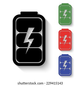 battery charge level indicator icon - black and colored (green, red, blue) illustration with shadow