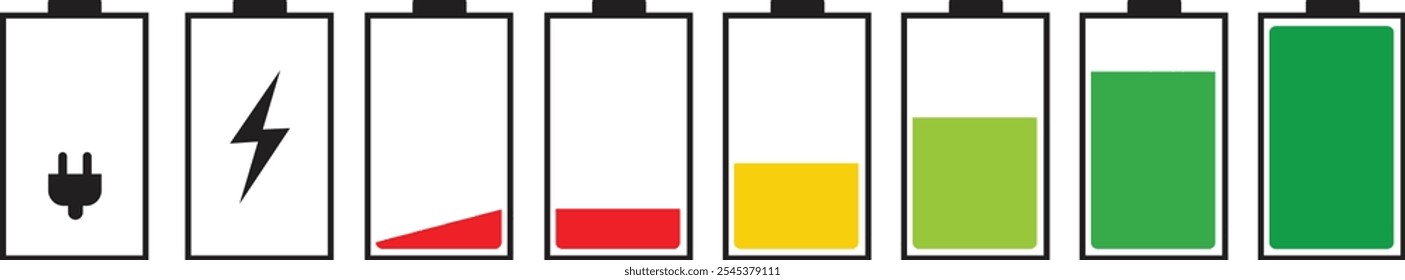 Ícone do indicador de nível de carga da bateria definido. Bateria descarregada e totalmente carregada. nível de energia da bateria. Sinais de carregamento de bateria. Ilustração vetorial isolada no plano de fundo transparente.