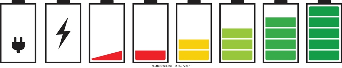 Ícone do indicador de nível de carga da bateria definido. Bateria descarregada e totalmente carregada. nível de energia da bateria. Sinais de carregamento de bateria. Ilustração vetorial isolada no plano de fundo transparente.