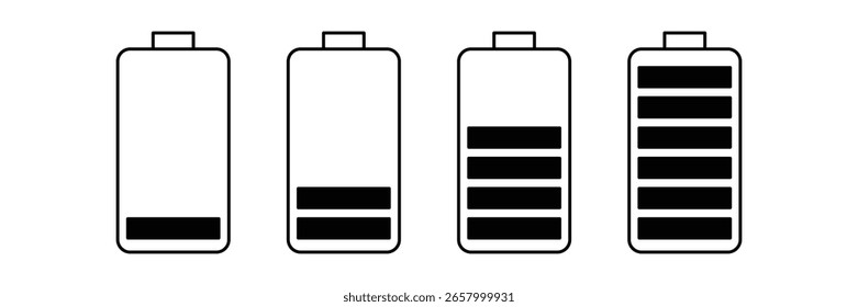 Ícone indicador de nível de carga da bateria definido com ilustração vetorial de símbolo de energia preenchida com contorno mínimo para status de energia e design de interface de UI.
