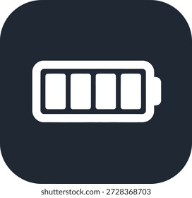 Icono de indicador de nivel de Recargo de batería con potencia total representada por cuatro celdas. Gráfico de estilo plano sobre fondo oscuro.
