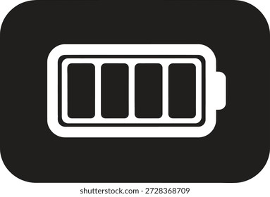 Icono de indicador de nivel de Recargo de batería con potencia total representada por cuatro celdas. Gráfico de estilo plano sobre fondo oscuro.