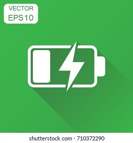 Battery charge level indicator icon. Business concept battery pictogram. Vector illustration on green background with long shadow.