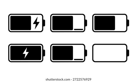 Conjunto de ícones do indicador de nível de carga da bateria. Design de vetor em preto e branco plano para interface do usuário móvel, Web, exibição de status de tecnologia e conceitos de energia.