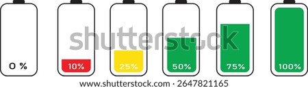 Battery charge level indicator icons from 0% to 100% with color-coded fill bars. Energy power symbols for UI, mobile, and tech design. Flat vector illustration showing battery status stages.