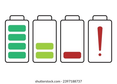 Battery charge level indicator. Set of battery charge indicators. Vector illustration