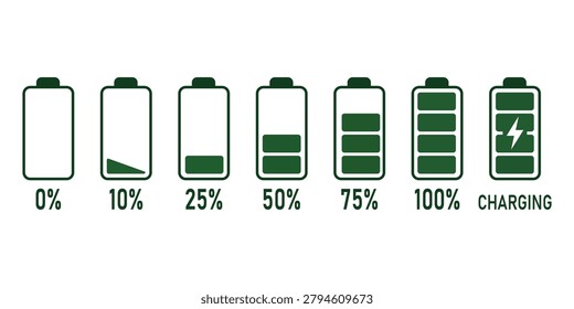 Battery Charge Level Indicator Set Showing Power Capacity Status Energy Storage And Charging Progress Icons