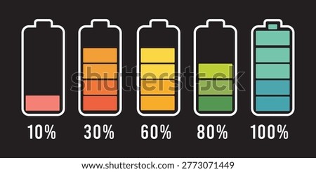 Battery Charge Level Indicator Set 10 30 60 80 100 Percent Flat Vector Illustration