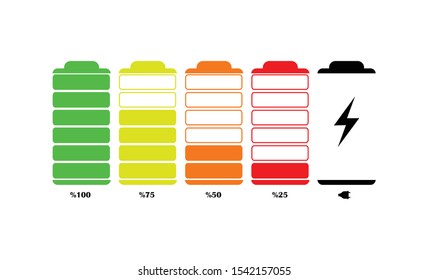 Battery charge level indicator vector. Set of battery charged