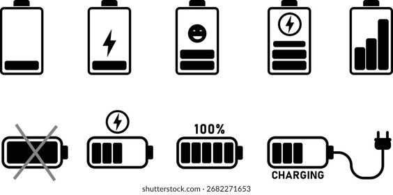 Battery charge level indicators collection of battery icons with different charge levels vector illustration