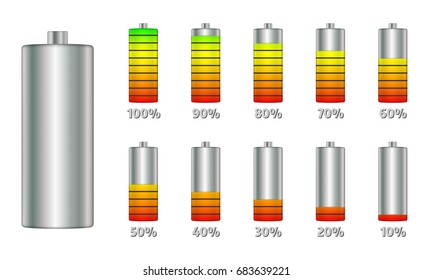 Battery charge level indicators with gradient. Set of discharge and fully charged power cells icons to your design. Vector illustration infographics.