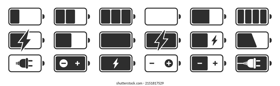 Battery charge level indicators icons set. Discharged and fully charged battery smartphone. Vector Illustration eps10.
