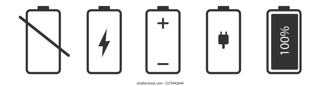 Indicadores del nivel de carga de la batería. Juego de iconos de batería. Icono de duración de la batería del teléfono. Batería descargada y cargada.  Cargando energía. Vector de material