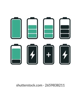 Indicadores de nivel de Recargo de batería que muestran diferentes etapas de capacidad de energía y opciones de carga en un Diseño gráfico simple