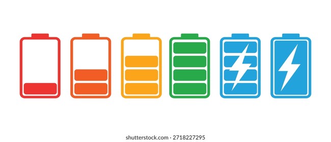 Indicadores do nível de carga da bateria mostrando vários estados de energia, de vazio a cheio, e carregando