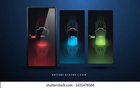 Battery charge level indicators for smartphon UI. Discharged and fully charged battery smartphone. Indicator with futuristic HUD elements.