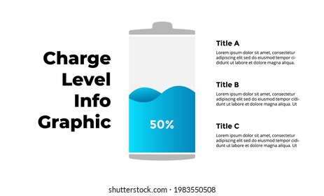 Nivel de carga de la batería Infografía. 50 por ciento indicador de potencia. Proceso de carga de porcentaje de energía. Plantilla de diapositiva del vector. Gráfico conceptual creativo.