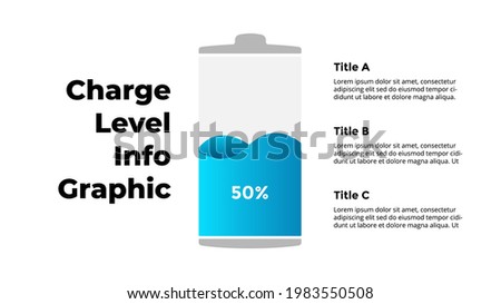 Battery charge level Infographic. 50 percents power indicator. Energy percentage loading process. Vector slide template. Creative conceptual chart.