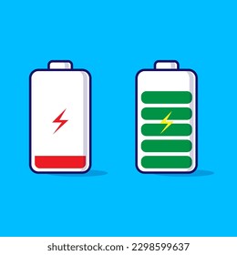 Batterieladung niedrig bis voll markierte Symbol Vektorgrafik. Flacher Cartoon-Stil