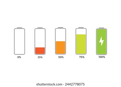 Battery charge level set. Battery charging, charge indicator. Battery icons going from 0 to 100% from red to green.