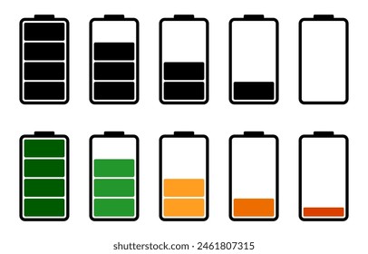 Colección del nivel de Recargo de la batería. nivel de energía de la batería. capacidad de la batería Recargo icono. Estilo plano - Vector de serie.
