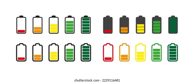 Nivel de carga de la batería establecido. Aislado sobre fondo blanco.  Estilo plano - vector de stock.