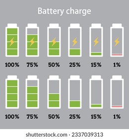 Battery charge level set vector illustration. Battery charging from 1%, 15%, 25%, 50%, 75%, 100%. Battery Charge Indicator icons.