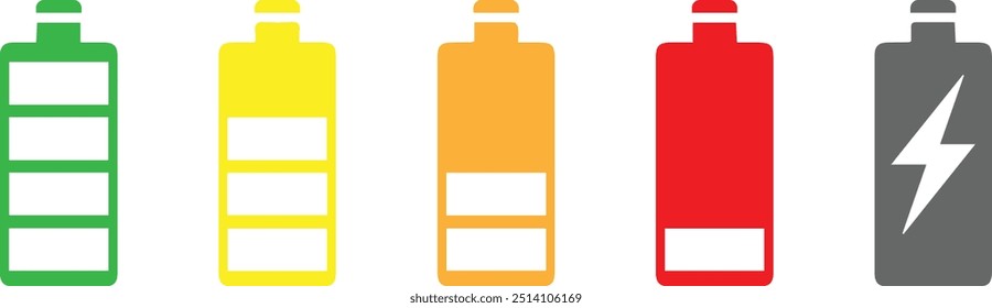 Battery charge level set. Set of vertical battery level indicators in percentage vector. Vector battery power icon powerfully charged. Vector illustration.