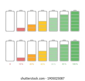 Teléfono inteligente con batería descargada y totalmente cargada. Ilustración vectorial. Conjunto de indicadores de nivel de carga de la batería. Icono aislado en fondo blanco.