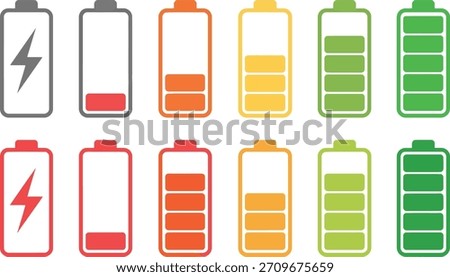 Battery charge level and status icons with lightning bolt
