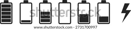 Battery charge level status icons set with lightning bolt energy symbol for mobile power, electric technology and device loading.