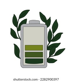 Batería con nivel de carga rodeada de hojas verdes. Ilustración vectorial en fondo blanco