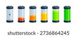 Battery charge level UI indicator from empty to full power. Mobile app interface, dashboard status bar, and energy percentage concepts. Flat vector illustration isolated on white background