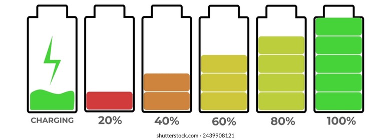 Battery charge level.
Vector charging icon.
Charging process, 20%, 40%, 60%, 80%, full