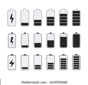 Battery charge level. Battery vector icons.