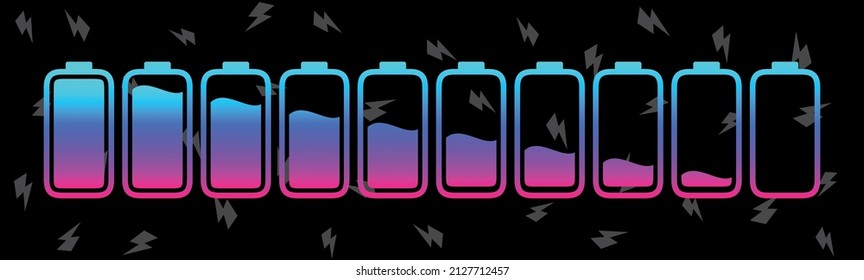 Battery charge levels icon set from full to empty. Vibrant color vector illustration.