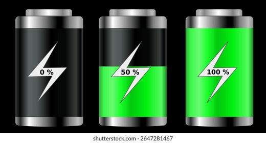 Battery charge levels illustration showing 0%, 50%, and 100% with green fill and lightning symbols. Ideal for tech, energy, or UI design themes.