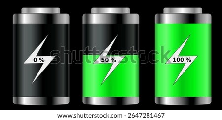 Battery charge levels illustration showing 0%, 50%, and 100% with green fill and lightning symbols. Ideal for tech, energy, or UI design themes.
