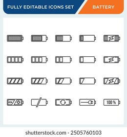battery charge line icon editable set.
