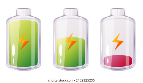 Recargo de la batería baja y conjunto aislado de energía completa. Ilustración de elemento de Diseño gráfico plano de Vector