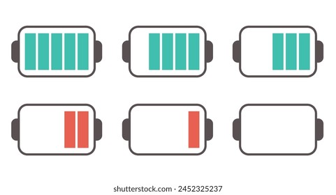 Recargo de la batería baja y conjunto aislado de energía completa. Ilustración de elemento de Diseño gráfico plano de Vector