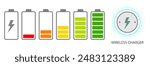 Battery charge many color flat icons. Battery charging, charge indicator. Vector battery power icon powerfully charged.
