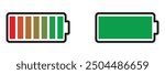 Battery charge many color flat icons. Battery charging, charge indicator. Vector battery power icon powerfully charged. Vector illustration