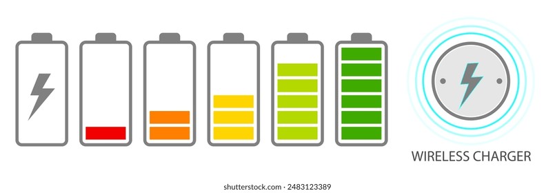 Battery charge many color flat icons. Battery charging, charge indicator. Vector battery power icon powerfully charged.