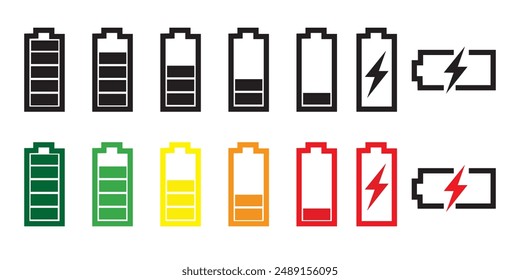 Recargo de la batería muchos iconos planos de color. Carga de la batería, indicador de Recargo. Vector de energía de la batería con carga potente. Ilustración vectorial