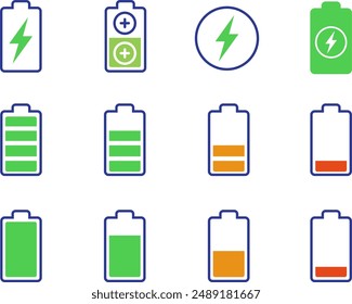 Recargo de la batería muchos iconos planos de color. Carga de la batería, indicador de Recargo. Vector de energía de la batería con carga potente. Ilustración vectorial