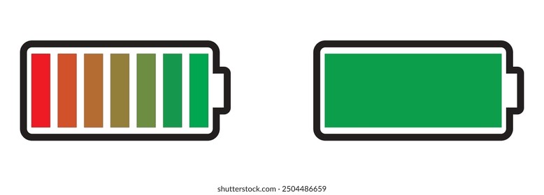 Recargo de la batería muchos iconos planos de color. Carga de la batería, indicador de Recargo. Icono de energía de la batería de Vector cargado con energía. Ilustración vectorial